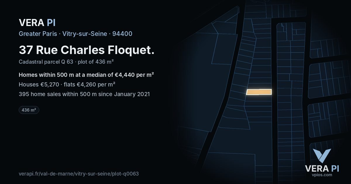 37 Rue Charles Floquet, Vitry-sur-Seine at night – the plot lit, the parcels around coloured by the prices near them