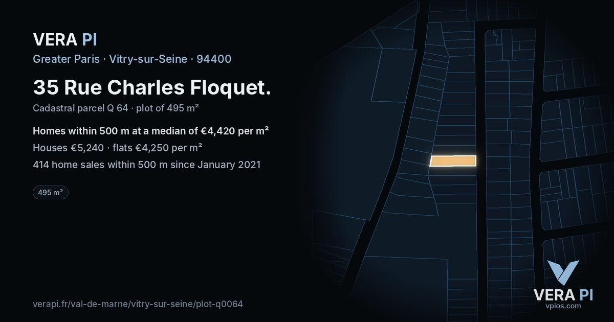 35 Rue Charles Floquet, Vitry-sur-Seine at night – the plot lit, the parcels around coloured by the prices near them