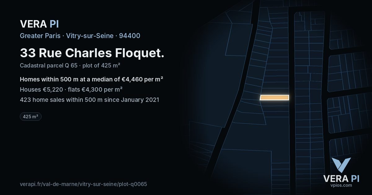 33 Rue Charles Floquet, Vitry-sur-Seine at night – the plot lit, the parcels around coloured by the prices near them