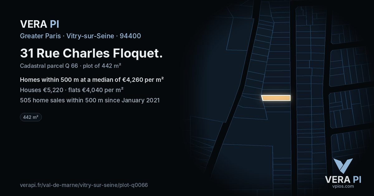 31 Rue Charles Floquet, Vitry-sur-Seine at night – the plot lit, the parcels around coloured by the prices near them