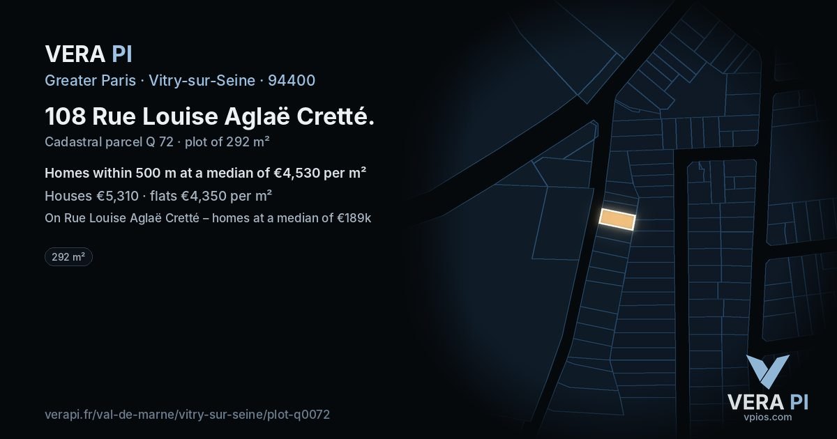 108 Rue Louise Aglaë Cretté, Vitry-sur-Seine at night – the plot lit, the parcels around coloured by the prices near them