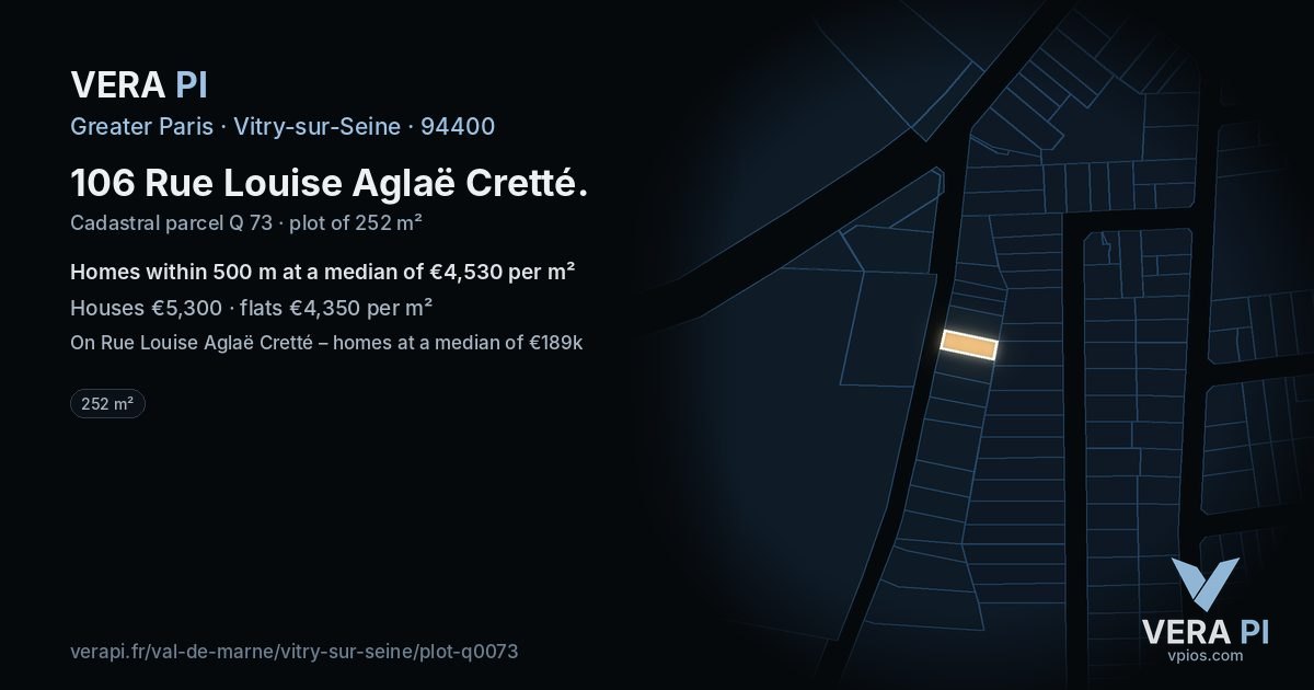 106 Rue Louise Aglaë Cretté, Vitry-sur-Seine at night – the plot lit, the parcels around coloured by the prices near them