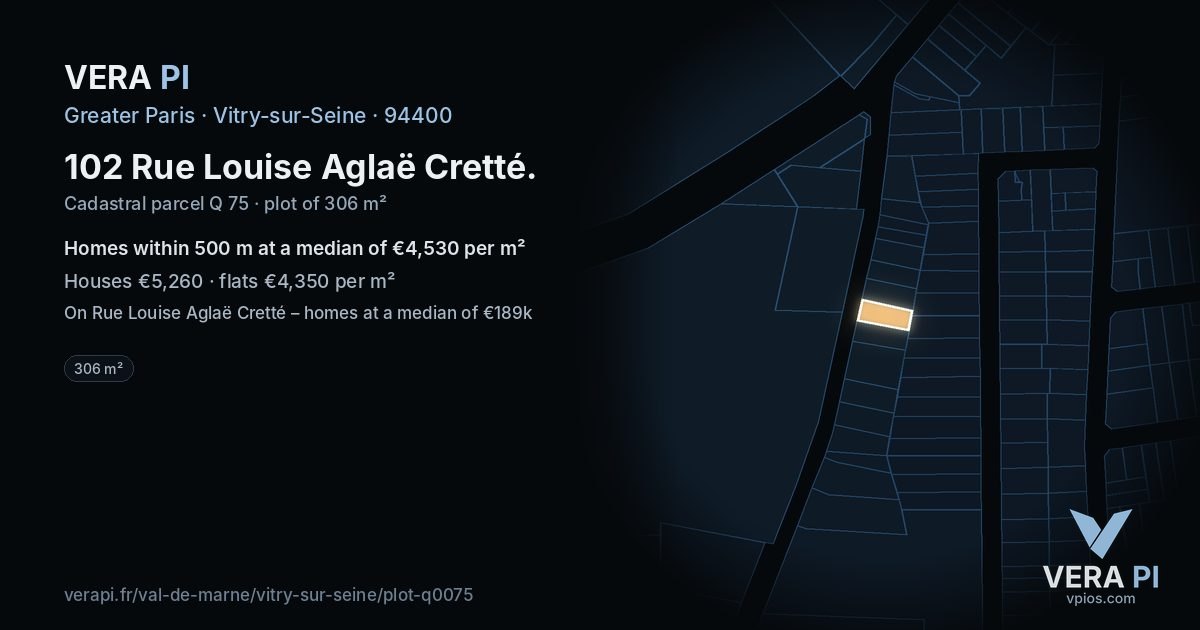 102 Rue Louise Aglaë Cretté, Vitry-sur-Seine at night – the plot lit, the parcels around coloured by the prices near them