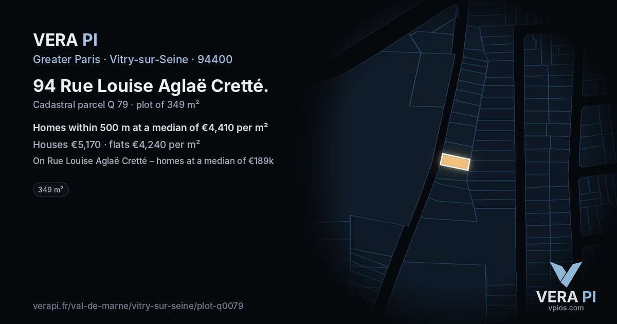 94 Rue Louise Aglaë Cretté, Vitry-sur-Seine at night – the plot lit, the parcels around coloured by the prices near them