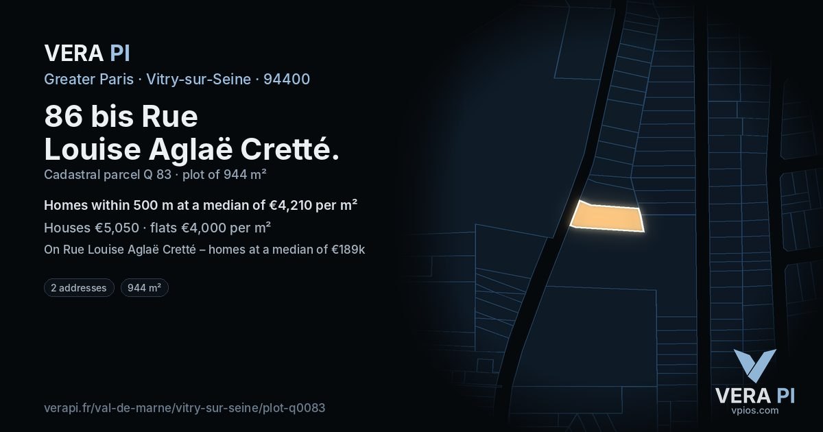 86 bis Rue Louise Aglaë Cretté, Vitry-sur-Seine at night – the plot lit, the parcels around coloured by the prices near them