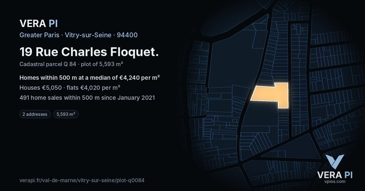 19 Rue Charles Floquet, Vitry-sur-Seine at night – the plot lit, the parcels around coloured by the prices near them