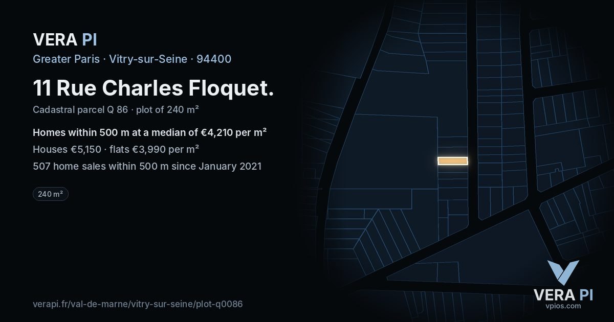 11 Rue Charles Floquet, Vitry-sur-Seine at night – the plot lit, the parcels around coloured by the prices near them