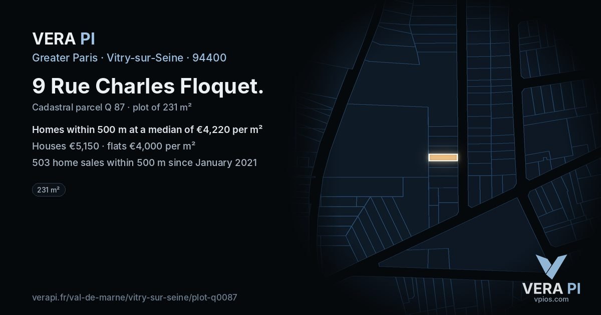 9 Rue Charles Floquet, Vitry-sur-Seine at night – the plot lit, the parcels around coloured by the prices near them