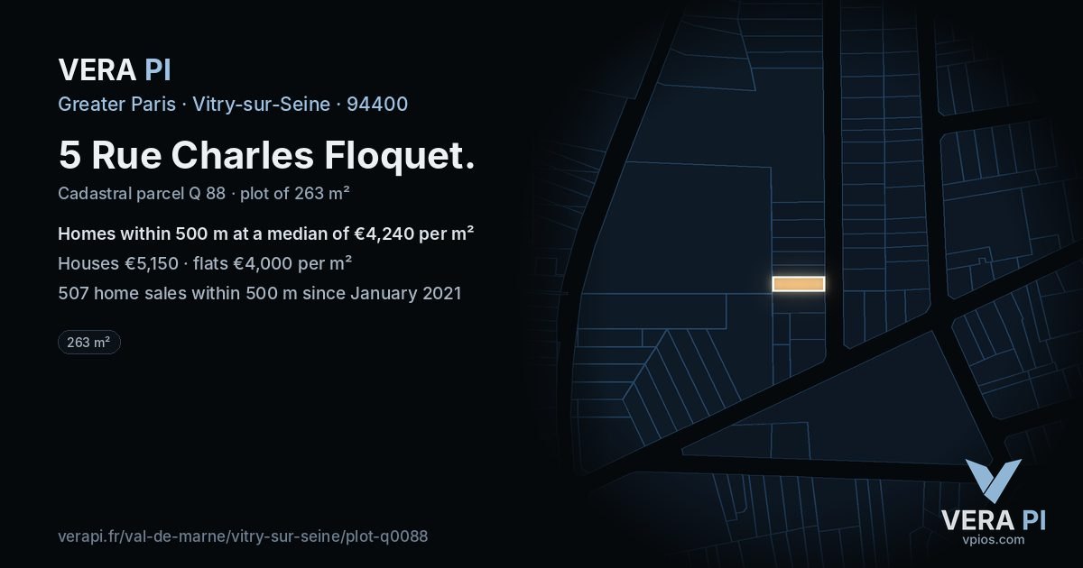 5 Rue Charles Floquet, Vitry-sur-Seine at night – the plot lit, the parcels around coloured by the prices near them