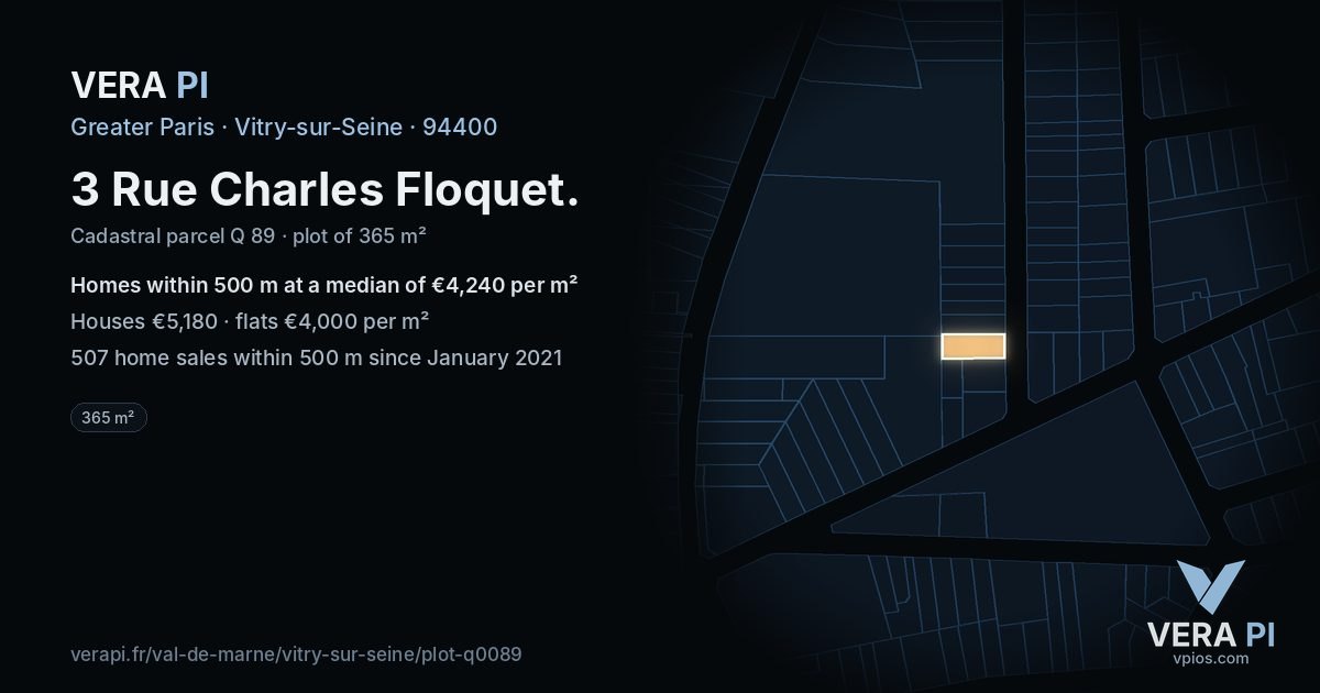 3 Rue Charles Floquet, Vitry-sur-Seine at night – the plot lit, the parcels around coloured by the prices near them