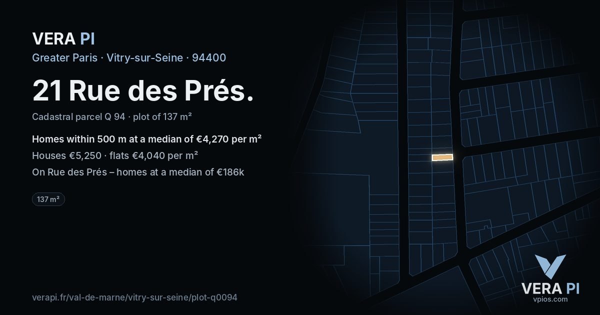 21 Rue des Prés, Vitry-sur-Seine at night – the plot lit, the parcels around coloured by the prices near them