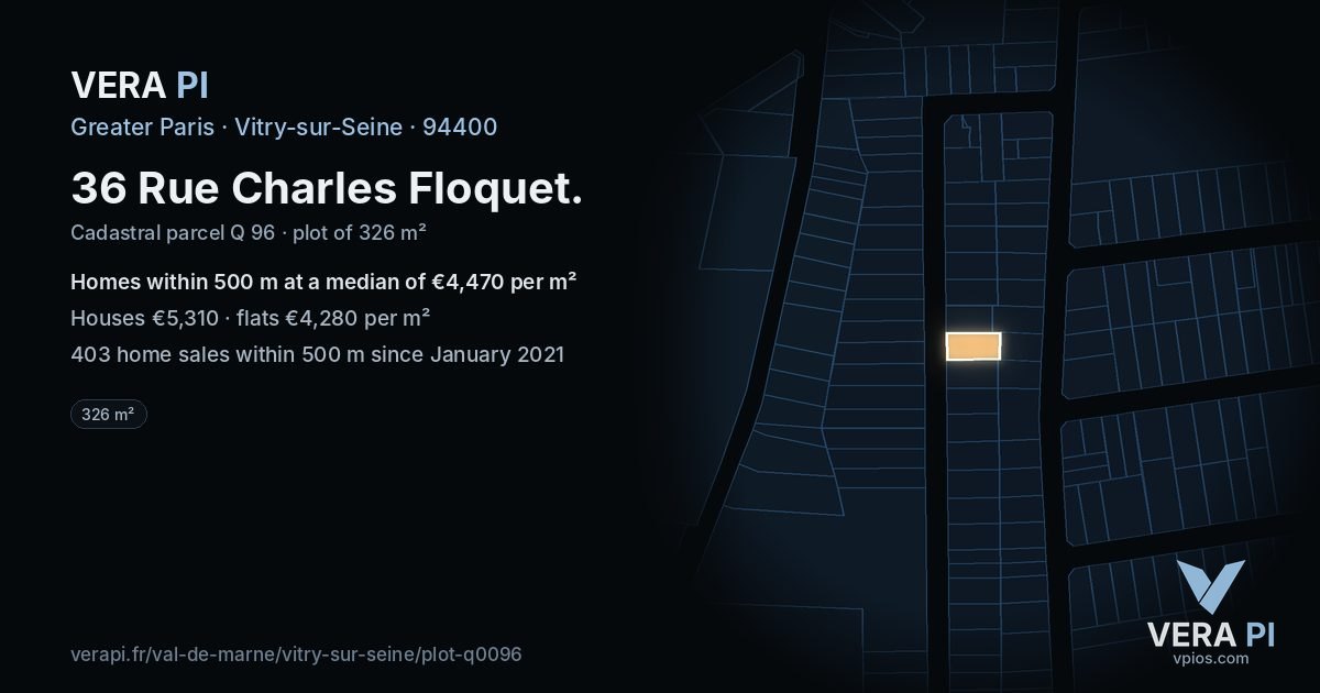 36 Rue Charles Floquet, Vitry-sur-Seine at night – the plot lit, the parcels around coloured by the prices near them