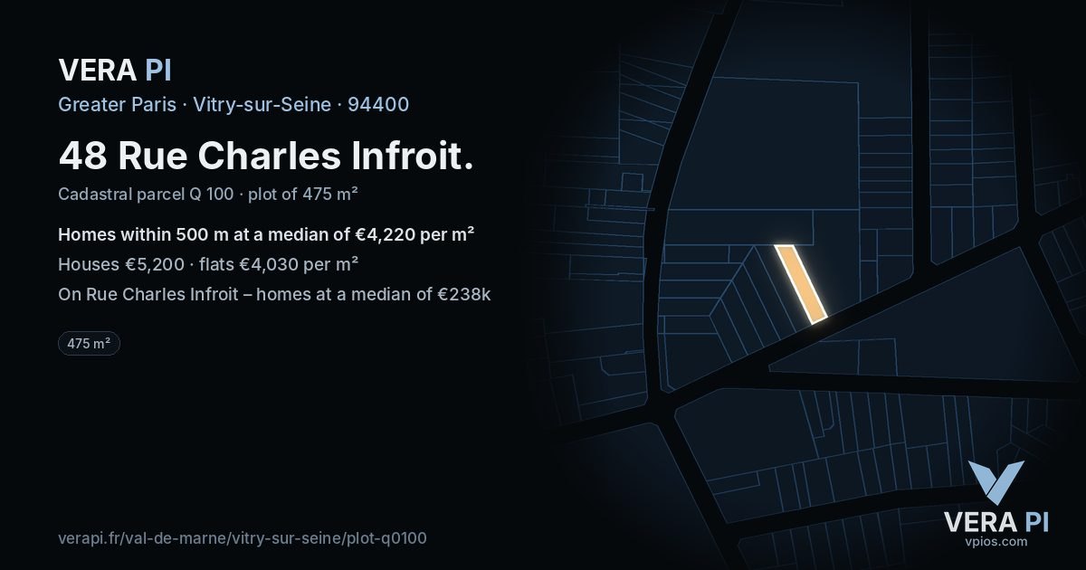 48 Rue Charles Infroit, Vitry-sur-Seine at night – the plot lit, the parcels around coloured by the prices near them