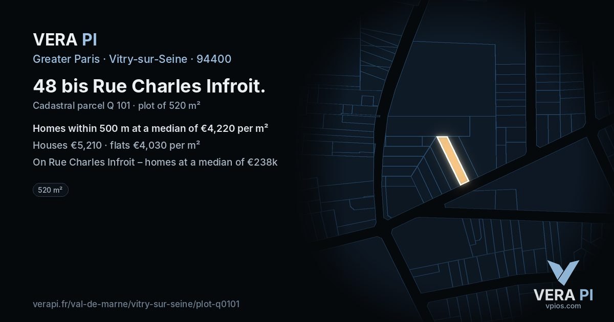 48 bis Rue Charles Infroit, Vitry-sur-Seine at night – the plot lit, the parcels around coloured by the prices near them