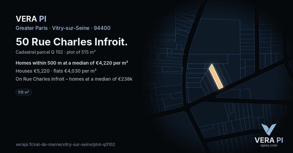 50 Rue Charles Infroit, Vitry-sur-Seine at night – the plot lit, the parcels around coloured by the prices near them