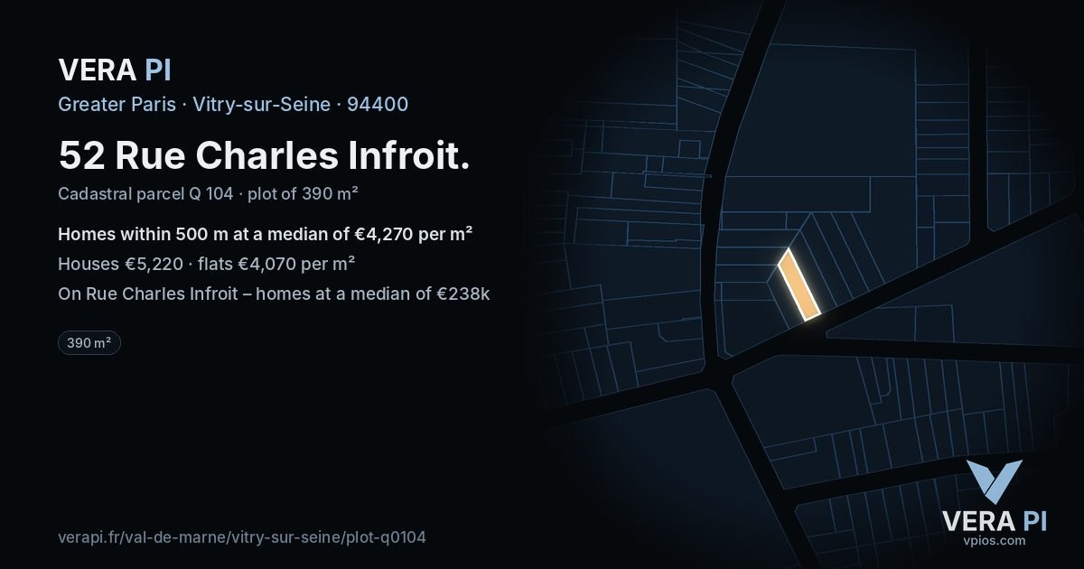 52 Rue Charles Infroit, Vitry-sur-Seine at night – the plot lit, the parcels around coloured by the prices near them