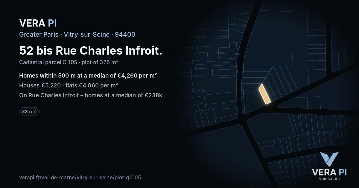 52 bis Rue Charles Infroit, Vitry-sur-Seine at night – the plot lit, the parcels around coloured by the prices near them