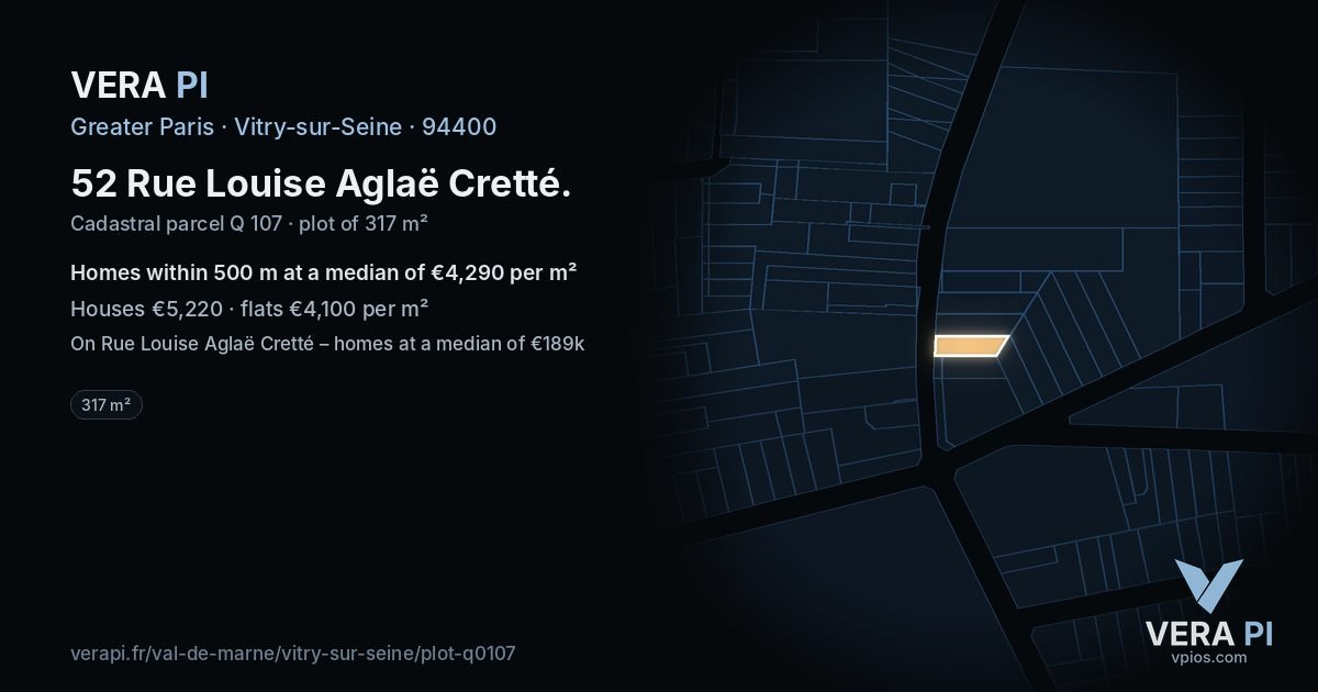 52 Rue Louise Aglaë Cretté, Vitry-sur-Seine at night – the plot lit, the parcels around coloured by the prices near them