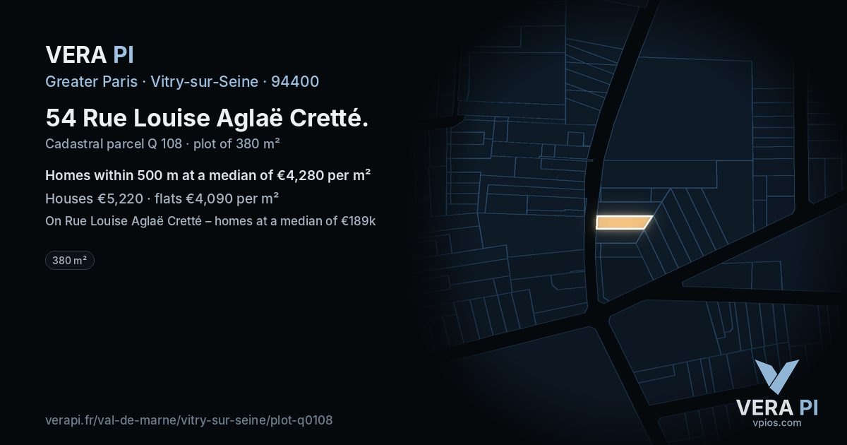 54 Rue Louise Aglaë Cretté, Vitry-sur-Seine at night – the plot lit, the parcels around coloured by the prices near them