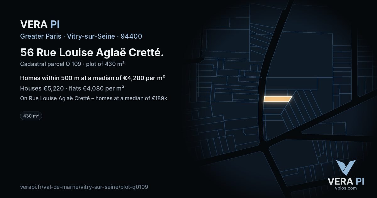 56 Rue Louise Aglaë Cretté, Vitry-sur-Seine at night – the plot lit, the parcels around coloured by the prices near them