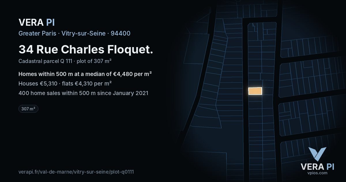 34 Rue Charles Floquet, Vitry-sur-Seine at night – the plot lit, the parcels around coloured by the prices near them