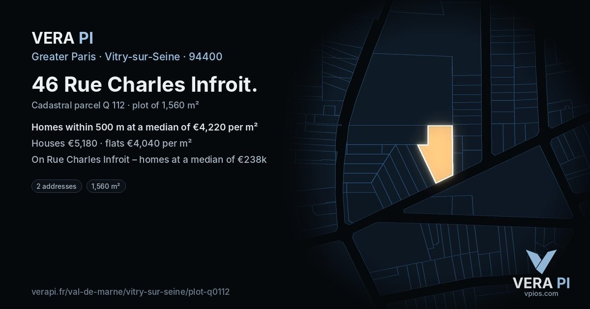 46 Rue Charles Infroit, Vitry-sur-Seine at night – the plot lit, the parcels around coloured by the prices near them