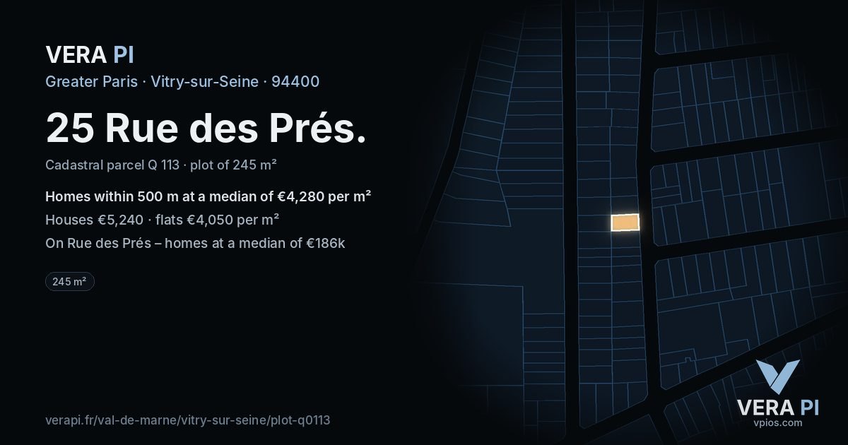 25 Rue des Prés, Vitry-sur-Seine at night – the plot lit, the parcels around coloured by the prices near them