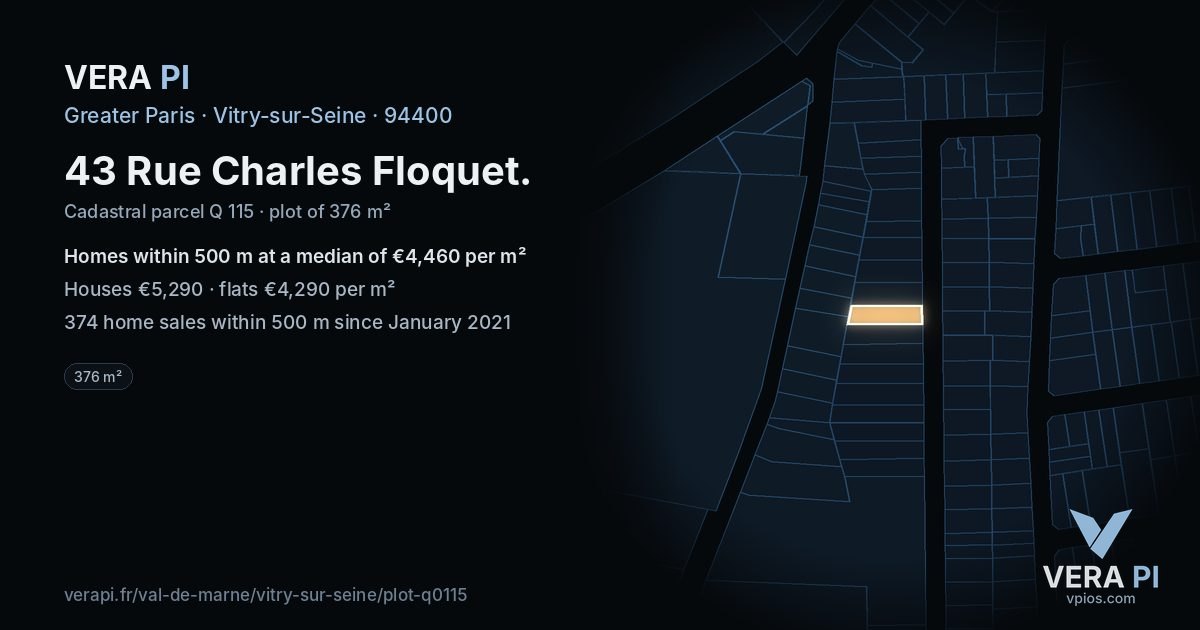 43 Rue Charles Floquet, Vitry-sur-Seine at night – the plot lit, the parcels around coloured by the prices near them