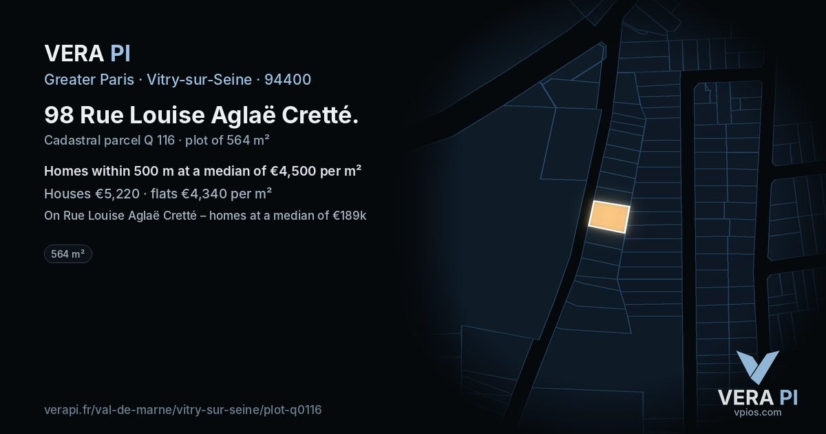98 Rue Louise Aglaë Cretté, Vitry-sur-Seine at night – the plot lit, the parcels around coloured by the prices near them