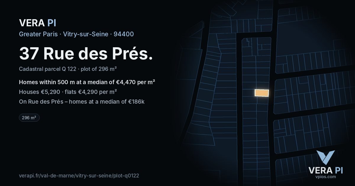 37 Rue des Prés, Vitry-sur-Seine at night – the plot lit, the parcels around coloured by the prices near them