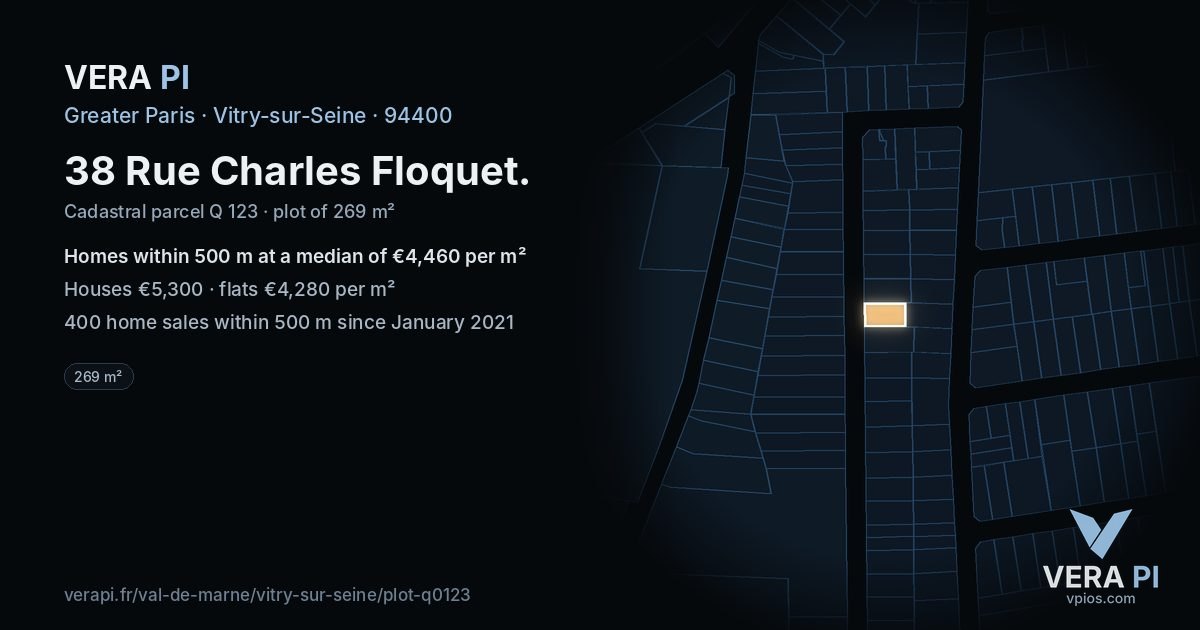 38 Rue Charles Floquet, Vitry-sur-Seine at night – the plot lit, the parcels around coloured by the prices near them