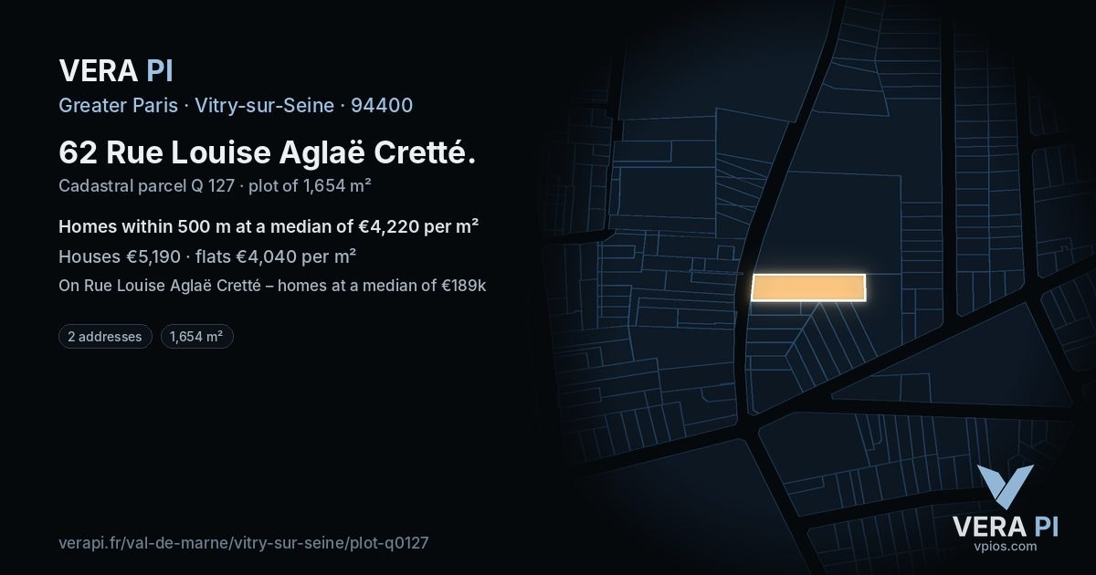 62 Rue Louise Aglaë Cretté, Vitry-sur-Seine at night – the plot lit, the parcels around coloured by the prices near them