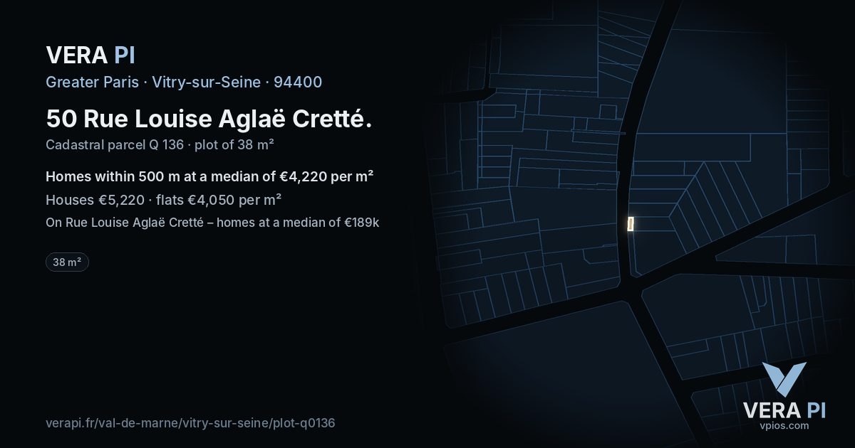 50 Rue Louise Aglaë Cretté, Vitry-sur-Seine at night – the plot lit, the parcels around coloured by the prices near them
