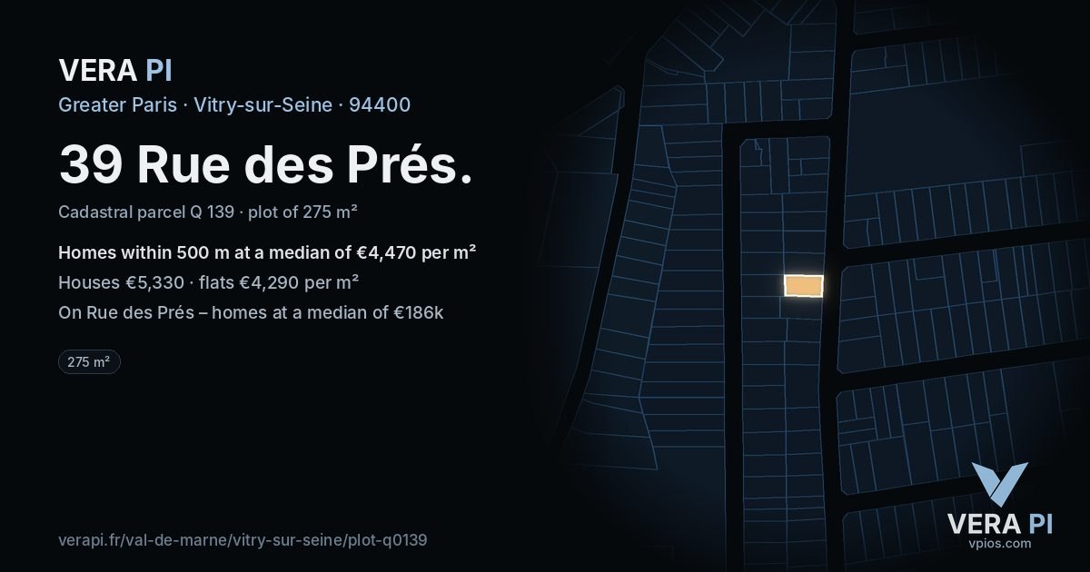 39 Rue des Prés, Vitry-sur-Seine at night – the plot lit, the parcels around coloured by the prices near them