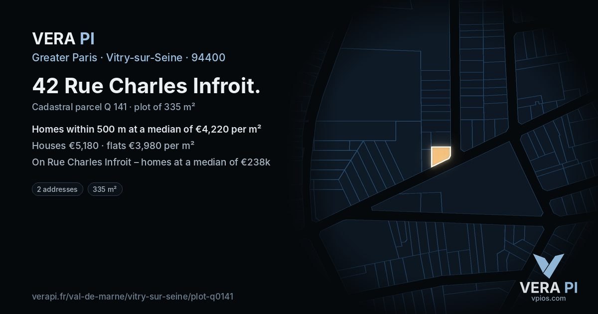 42 Rue Charles Infroit, Vitry-sur-Seine at night – the plot lit, the parcels around coloured by the prices near them