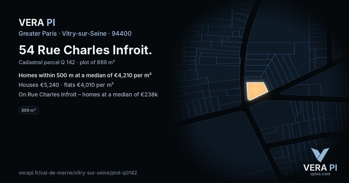 54 Rue Charles Infroit, Vitry-sur-Seine at night – the plot lit, the parcels around coloured by the prices near them