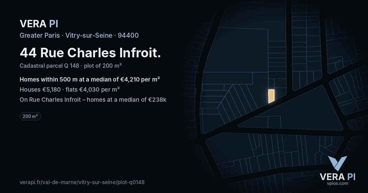 44 Rue Charles Infroit, Vitry-sur-Seine at night – the plot lit, the parcels around coloured by the prices near them