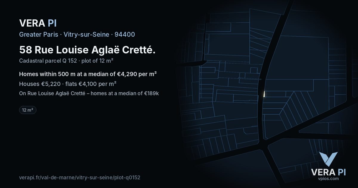 58 Rue Louise Aglaë Cretté, Vitry-sur-Seine at night – the plot lit, the parcels around coloured by the prices near them
