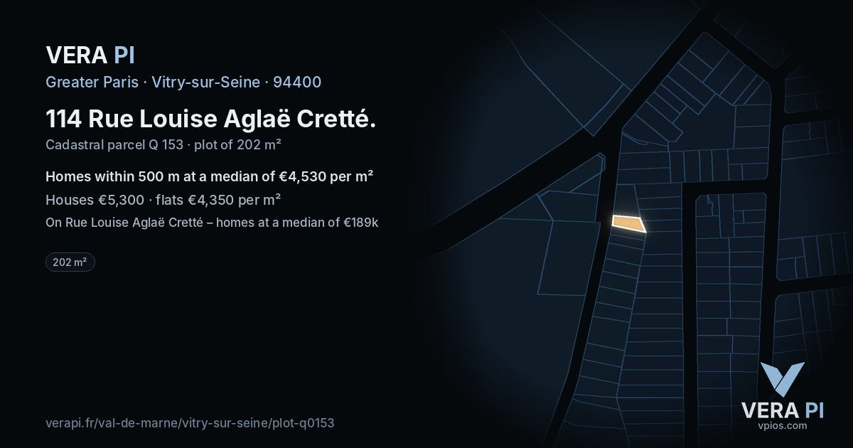 114 Rue Louise Aglaë Cretté, Vitry-sur-Seine at night – the plot lit, the parcels around coloured by the prices near them