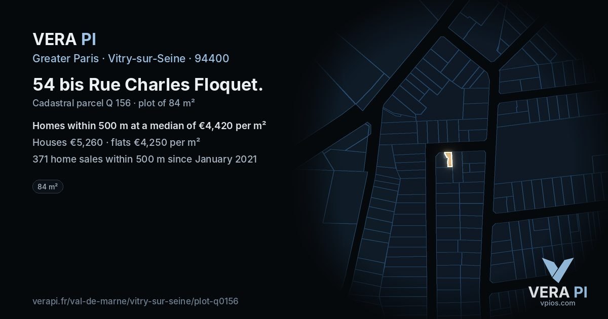 54 bis Rue Charles Floquet, Vitry-sur-Seine at night – the plot lit, the parcels around coloured by the prices near them