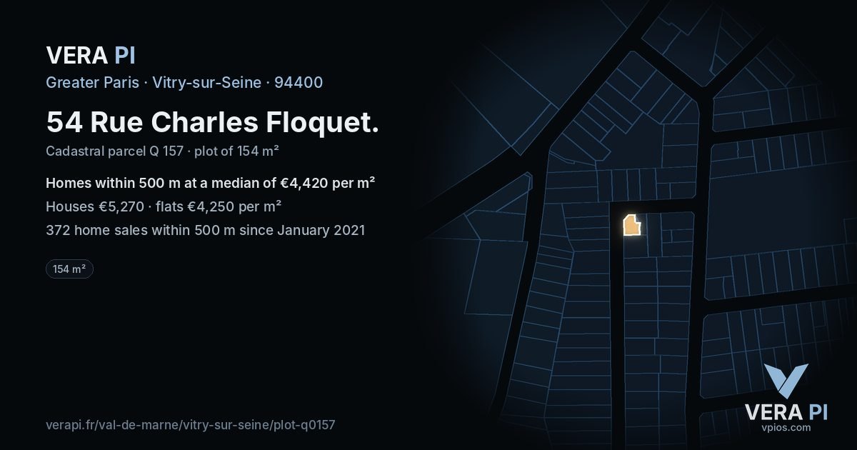 54 Rue Charles Floquet, Vitry-sur-Seine at night – the plot lit, the parcels around coloured by the prices near them