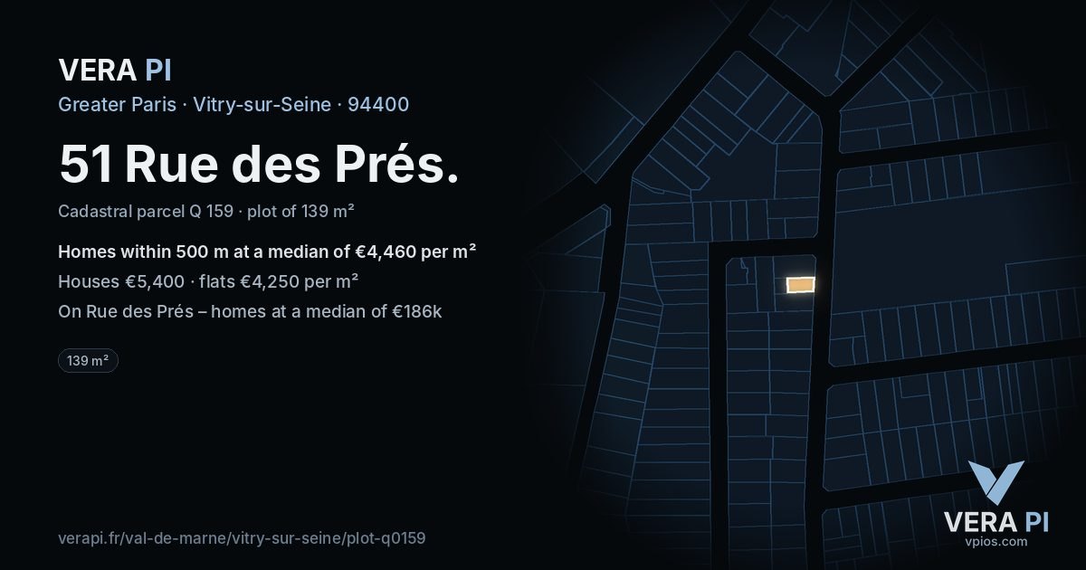 51 Rue des Prés, Vitry-sur-Seine at night – the plot lit, the parcels around coloured by the prices near them