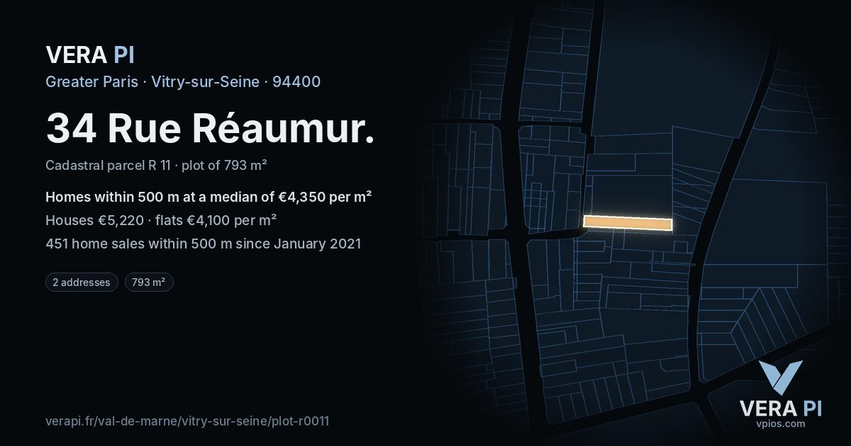 34 Rue Réaumur, Vitry-sur-Seine at night – the plot lit, the parcels around coloured by the prices near them