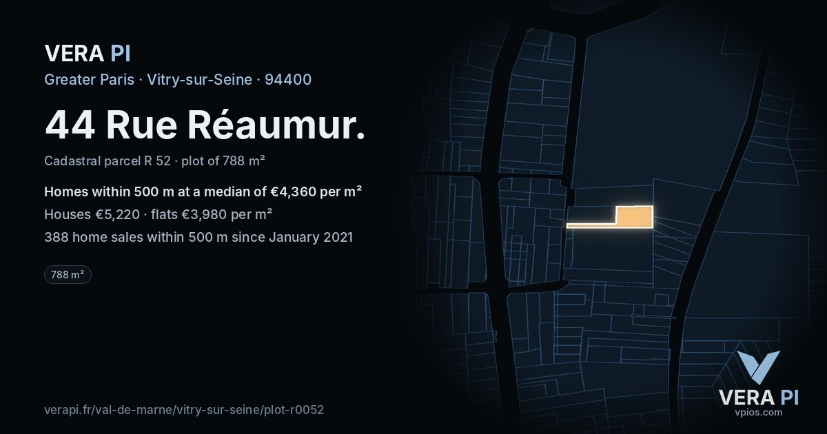 44 Rue Réaumur, Vitry-sur-Seine at night – the plot lit, the parcels around coloured by the prices near them