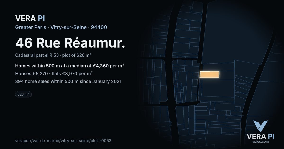 46 Rue Réaumur, Vitry-sur-Seine at night – the plot lit, the parcels around coloured by the prices near them