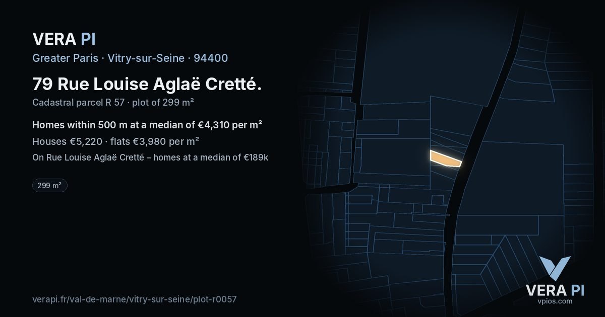 79 Rue Louise Aglaë Cretté, Vitry-sur-Seine at night – the plot lit, the parcels around coloured by the prices near them
