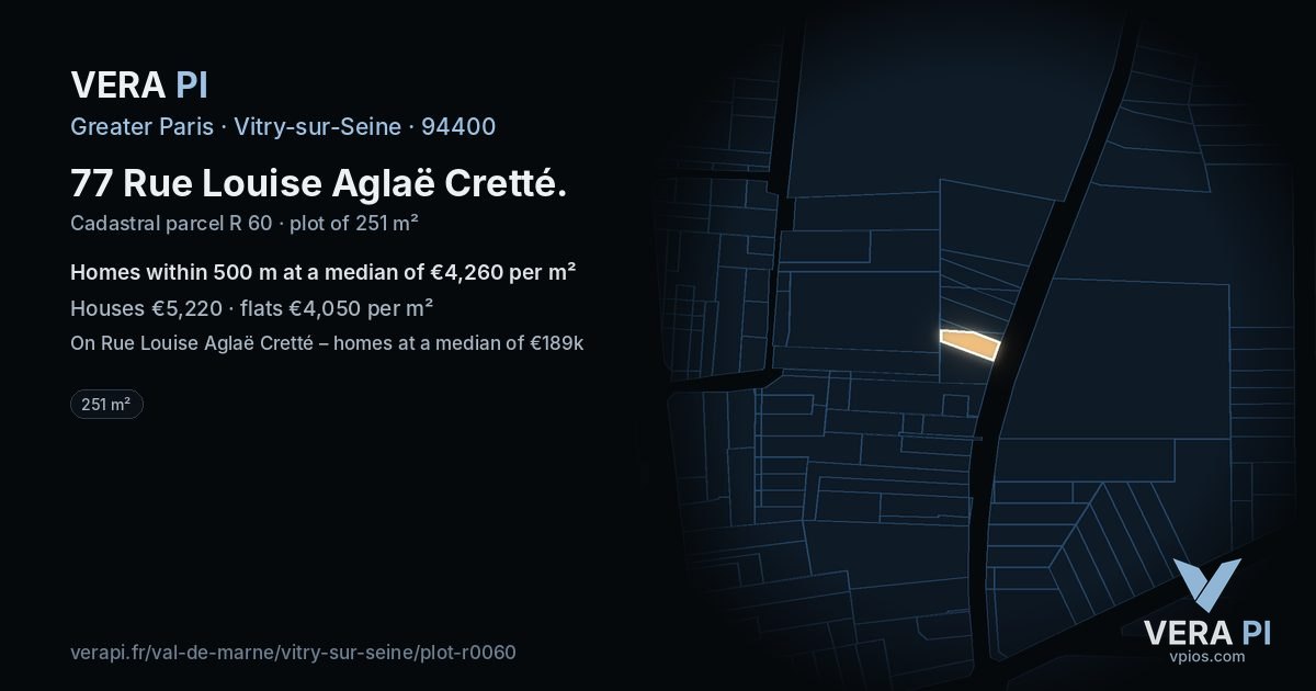 77 Rue Louise Aglaë Cretté, Vitry-sur-Seine at night – the plot lit, the parcels around coloured by the prices near them