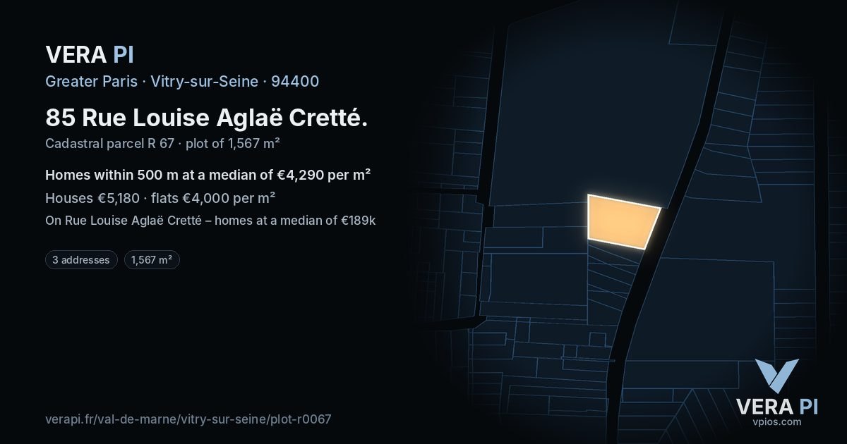 85 Rue Louise Aglaë Cretté, Vitry-sur-Seine at night – the plot lit, the parcels around coloured by the prices near them