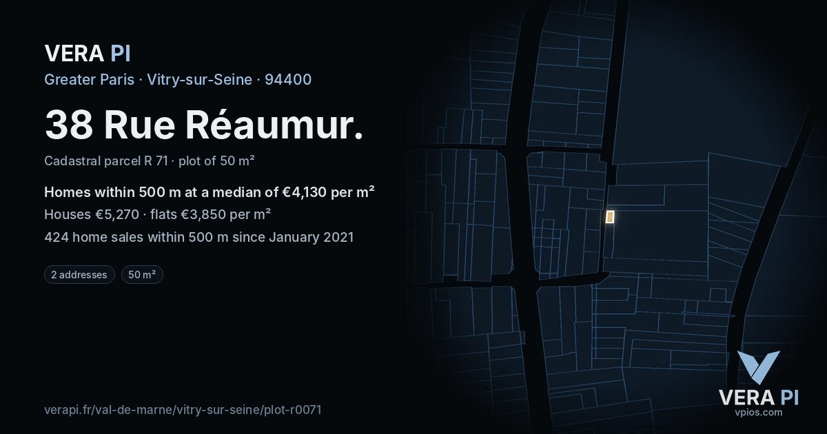 38 Rue Réaumur, Vitry-sur-Seine at night – the plot lit, the parcels around coloured by the prices near them