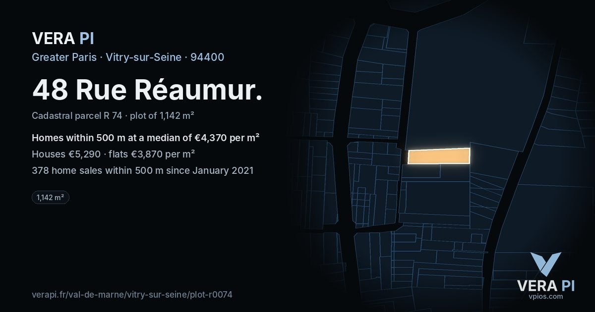 48 Rue Réaumur, Vitry-sur-Seine at night – the plot lit, the parcels around coloured by the prices near them